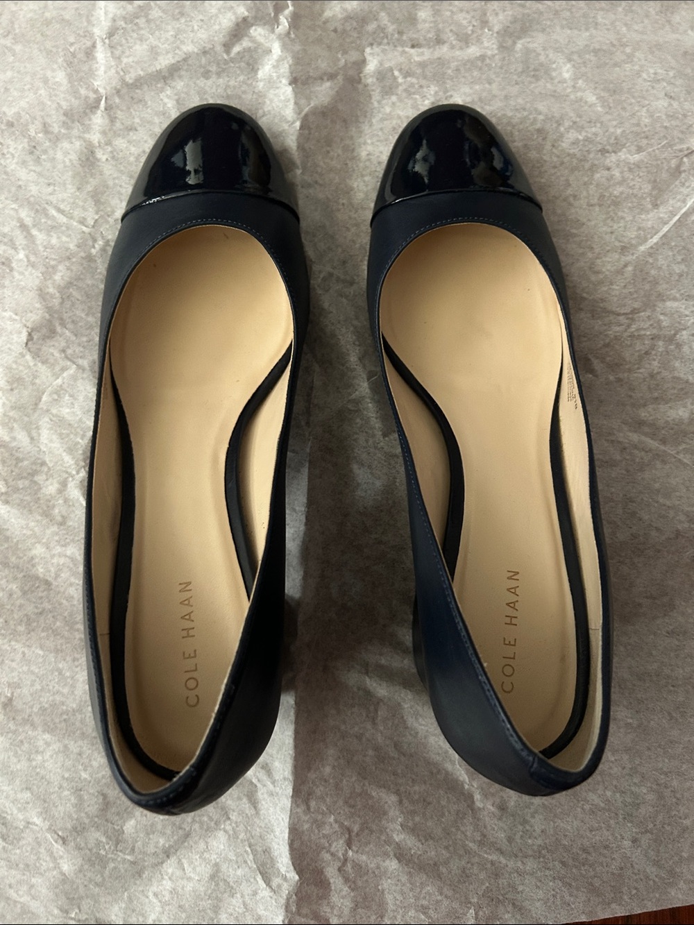 Cole Haan Dawna Grand Navy Leather Block Heels with Patent Leather Cap-Toe